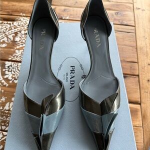Prada Metallic Black and Light Blue Pointed D'Orsay Pumps